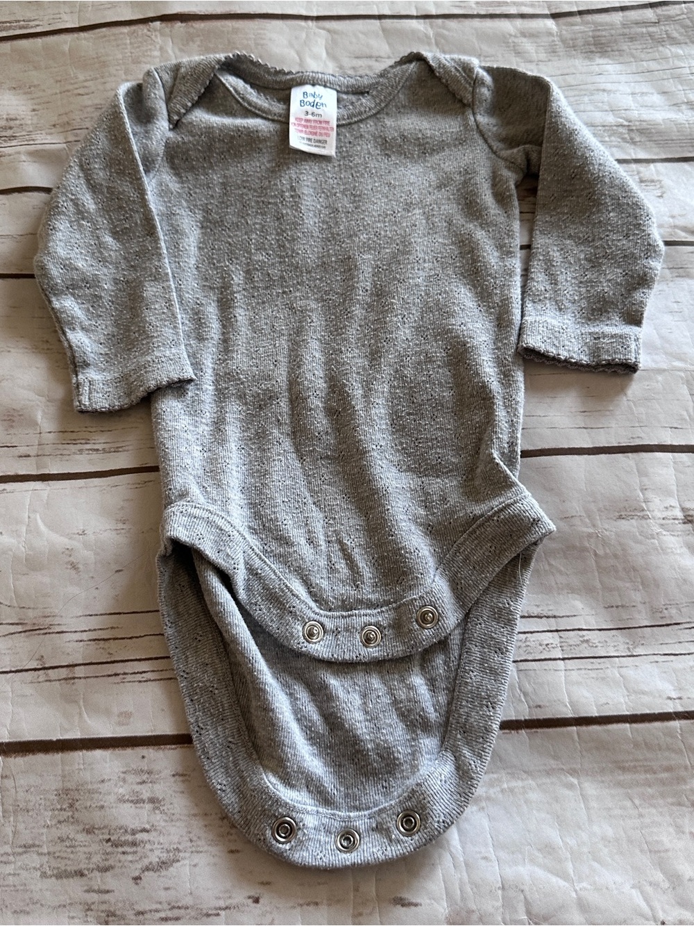 Baby Boden gray pointelle onesie fair pilling, size 3-6 months